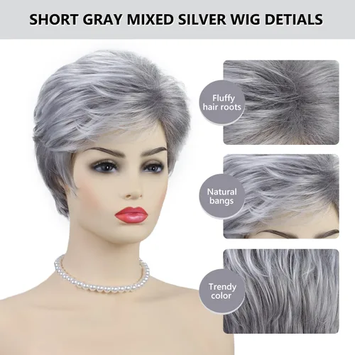 Miniatura 2 de Pelucas cortas gris plateadas para mujeres blancas, pelucas sintéticas con corte pixie natural y a capas con flequillo, peluca corta de pelo gris