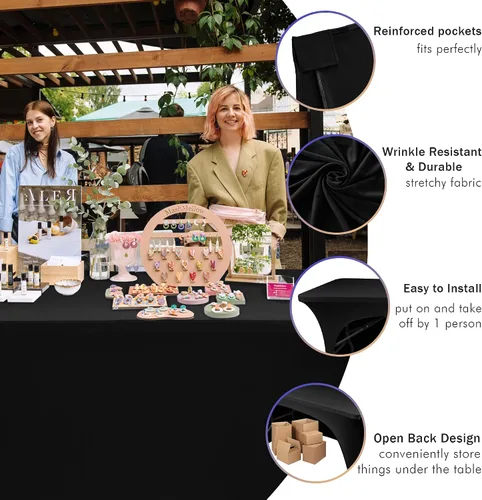 Miniatura 4 de Nasitos Paquete de 2 Manteles Ajustados de Spandex Negro para Mesas de 4 Pies - Cubierta para Mesa Plegable con Respaldo Abierto, Tela Lavable