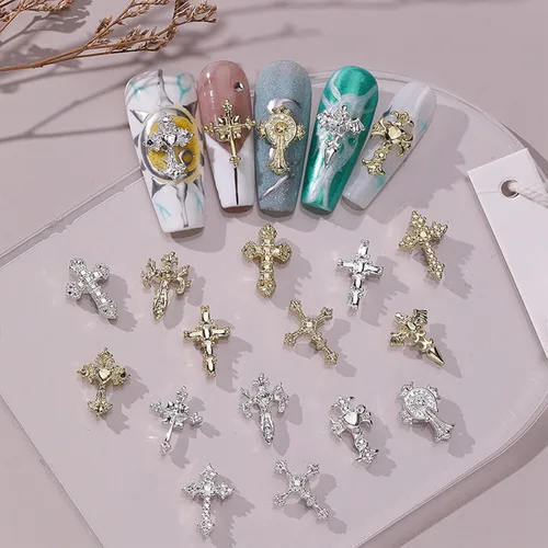 Miniatura 10 de Dijes de cruz 3D, 60 piezas de decoración de uñas de cruz de cristal dorado y plateado para arte de uñas, dijes de cruz de diamantes de imitación