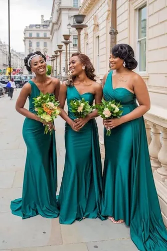 Miniatura 3 de Vestidos de dama de honor de un hombro, vestidos formales largos de satén de sirena, vestido de graduación plisado para mujeres de boda