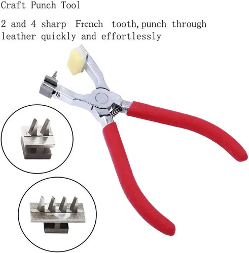 Miniatura 2 de BUTUZE, alicates de mano de cuero silencioso de 0.157 pulgadas (4 dientes franceses y 2 dientes) con aguja de cuero, estuche de aguja de madera, Rojo