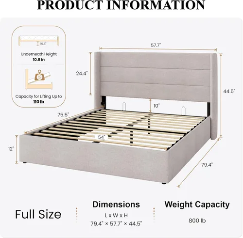 Miniatura 2 de SHA CERLIN - Cama de tamaño completo con almacenamiento elevado/Cabecero abatible moderno/Base de cama tapizada con plataforma/Almacenamiento Beige