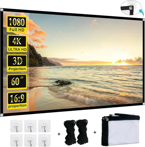 Pantalla de proyector plegable de 60 pulgadas, XINLEMY 4K 16:9 HD, pantalla de proyección portátil de cine de doble cara para cine en casa, patio