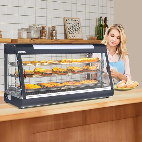 Miniatura 8 de ROVSUN Calentador de alimentos de 48 pulgadas, calentador de pizza de 3 niveles, calentador de pretzel con estantes ajustables LED extraíbles Negro