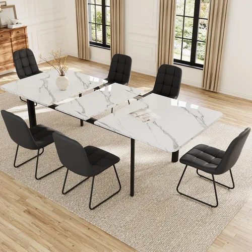 Miniatura 6 de HIPIHOM Juego de mesa de comedor extensible para 6-8 personas, mesa de cocina MDF de 63 a 78.7 pulgadas con 6 sillas tapizadas, ahorro de espacio