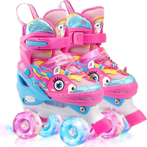 Miniatura 10 de Dino - Patines de ruedas para niños y niñas, WESKIFAN Dinosaur Quad Skating Shoes con ruedas brillantes y tamaños ajustables para principiantes