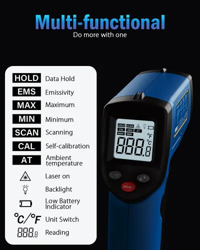 Miniatura 3 de Termómetro infrarrojo, pistola de temperatura digital para cocinar -58~752 ℉, con emisividad ajustable y medida de temperatura máxima, mínima