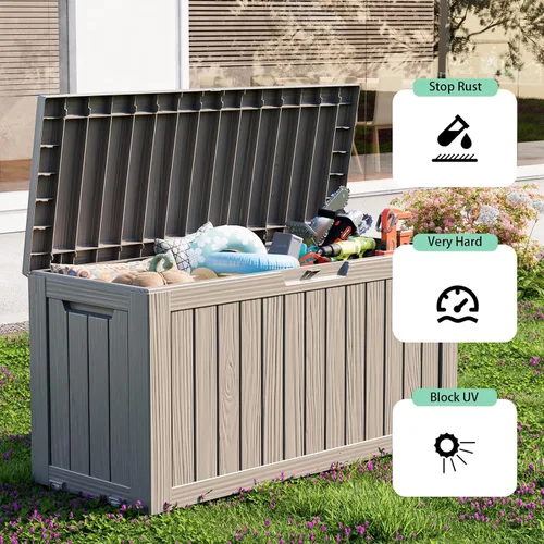 Miniatura 6 de ROJIK Caja de almacenamiento para exteriores, caja de cubierta impermeable de 85 galones, contenedor de almacenamiento exterior de resina resistente