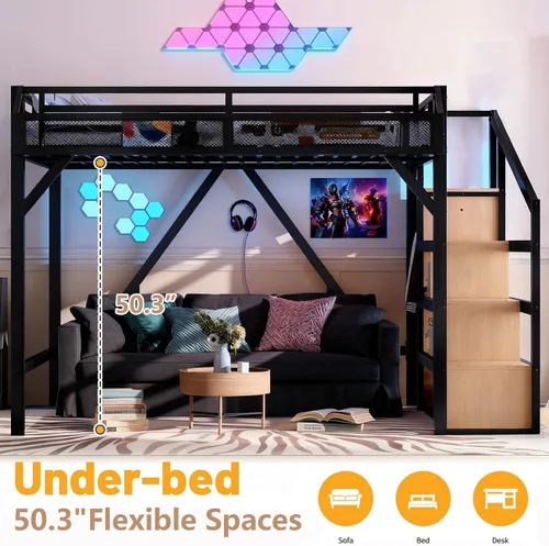 Miniatura 3 de Bellemave Cama tipo loft de metal tamaño Queen con escaleras de almacenamiento, estantes y armario, marco de cama tipo loft tamaño Queen con luces