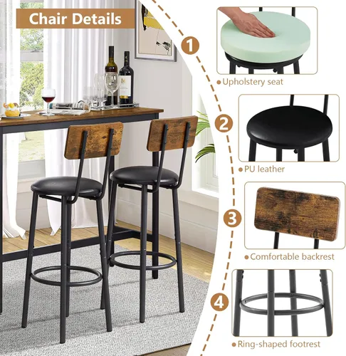 Miniatura 4 de Juego de mesa de bar y 2 sillas, 3 piezas para espacios pequeños, mesa de comedor rectangular para 2 mesas de bar de altura de mostrador con 2 Mesa