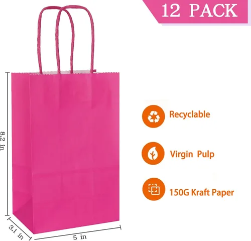 Miniatura 2 de AZOWA Bolsas de regalo pequeñas de papel kraft con asas (5 x 3.1 x 8.2 pulgadas, magenta, 12 unidades)