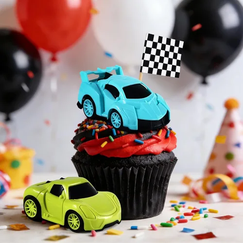 Miniatura 8 de Decoración para tartas de auto de carreras, 15 piezas, decoración de cumpleaños de autos de carreras, velas de cumpleaños falg a cuadros