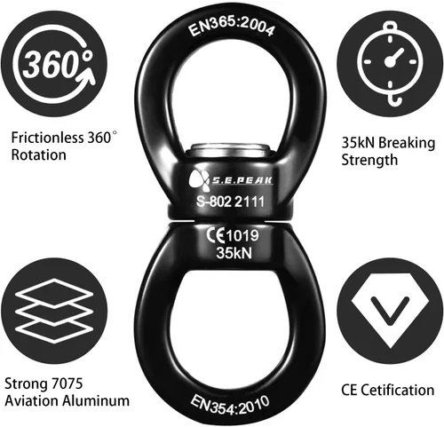 Miniatura 3 de Columpio giratorio de 35 kN, dispositivo giratorio de 360 ° certificado CE, accesorio colgante silencioso para columpio de árbol, danza aérea Negro