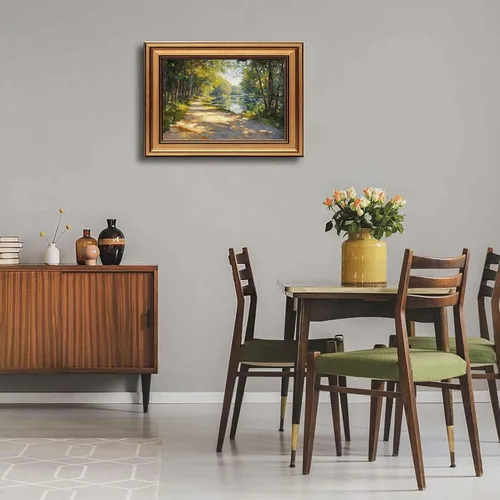 Miniatura 6 de Lienzo enmarcado en oro, bosque de sol, arte de pared, textura 3D, impresionista, paisaje, decoración, imagen, primavera, verano, naturaleza