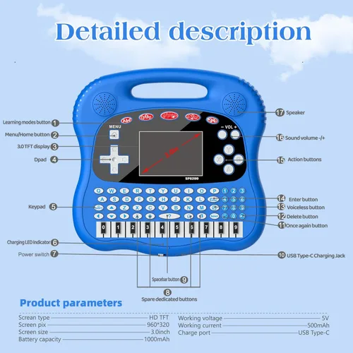 Miniatura 4 de Tableta de aprendizaje para niños, pantalla a color HD de 3.0 pulgadas, alfabeto, palabras, matemáticas, juegos, música, preescolar, electrónica