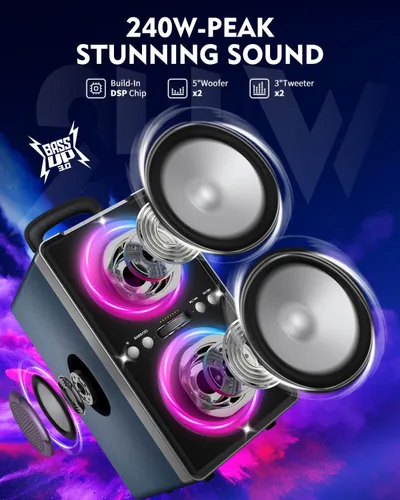 Miniatura 2 de YIER Altavoz Bluetooth, altavoz de fiesta de pico de 240 W con graves grandes, tiempo de reproducción de 20 horas, TWS, BT5.3, caja de auge