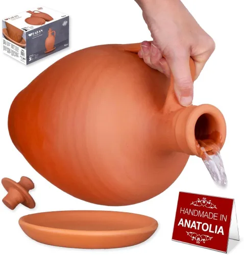 Hakan Anadolu - Juego de jarra de agua de arcilla natural, jarra y plato de agua de terracota sin esmaltar, jarra de barro pequeña tradicional,