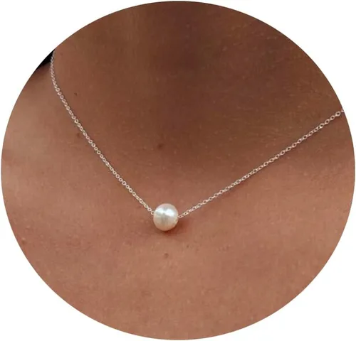 DIBOLA Delicados collares de perlas para mujer, chapado en oro de 14 quilates, bonito collar de perlas individuales, elegante gargantilla de perlas