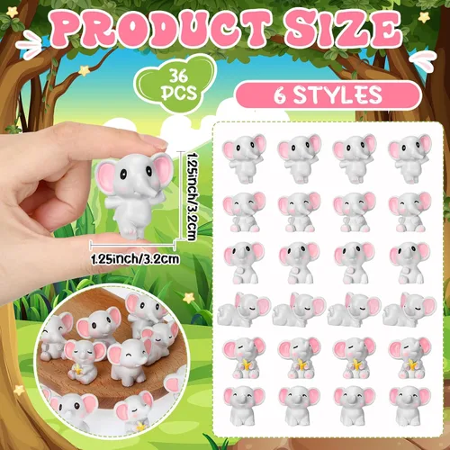 Miniatura 4 de Beeveer 36 piezas de minifiguras de elefantes de animales en miniatura, juguetes de elefante, decoración de pasteles de resina, paisaje de musgo