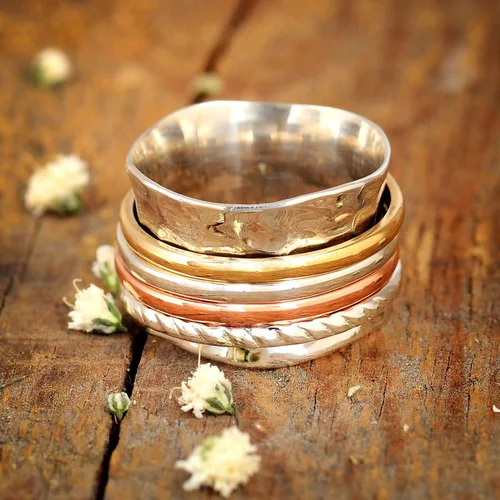 Miniatura 6 de Boho-Magic Anillo giratorio para mujer, plata de ley 925, con cobre y latón, anillos de plata
