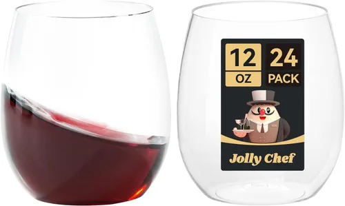 JOLLY CHEF Paquete de 24 copas de vino de plástico desechables de 12 onzas, inastillables, irrompibles, sin tallo, para fiestas, Halloween, Acción