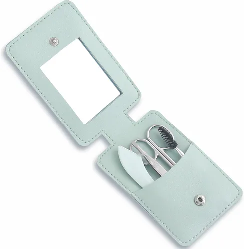 Kit de recortador de cejas, juego 5 en 1 con tijeras para cejas, maquinilla de afeitar, pinzas, cepillo y espejo para mujer, incluye bolsa de cuero