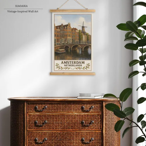 Miniatura 6 de Póster artístico de pared de Ámsterdam Holanda, impresión vintage de viajes de casas del canal y molino de viento, rollo colgante de lienzo de lino