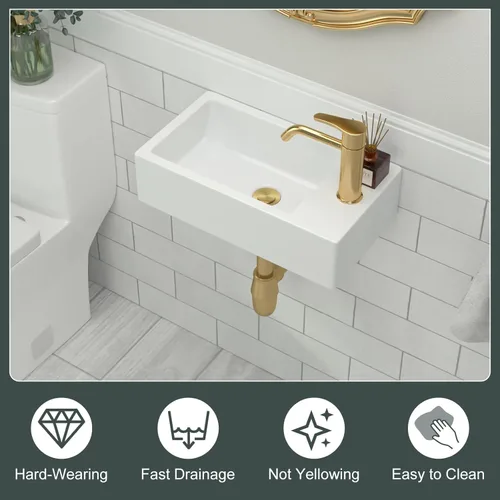 Miniatura 6 de Fregadero rectangular pequeño de 18 x 10 pulgadas, fregadero rectangular de cerámica de porcelana blanca con orificio de grifo único para colgar
