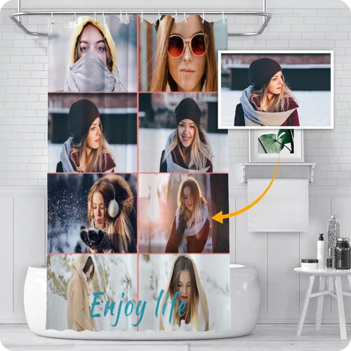 Miniatura 10 de Cortina de ducha personalizada, divertida, impermeable, forros para cortina de ducha, haz tus propias 1-9 fotos, texto de fondo con 12 ganchos