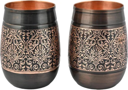 Juego de 2 vasos de cobre, diseño floral, 8.5 fl oz (8.45 onzas líquidas) de capacidad para beneficios para la salud del ayurveda (barril)