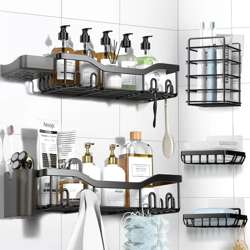 NESOMI Organizador de Ducha Adhesivo Juego de 7 Piezas, Estantes de Baño de Acero Inoxidable a Prueba de Óxido, Accesorios de Almacenamiento sin