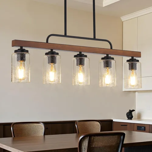 Miniatura 11 de Lámpara de Comedor Estilo Granja Sobre Mesa, Iluminación de Isla de Cocina de Madera Negra de 4 Luces con Vidrio Blanco Leche, Luces Colgantes