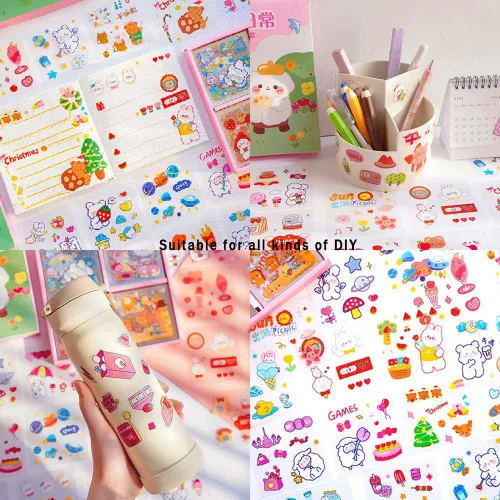 Miniatura 4 de Calcomanías de caricaturas Kawaii con diseño de oso de conejo, 800 piezas/100 hojas de PVC transparente, kit de calcomanías de conejito para álbumes