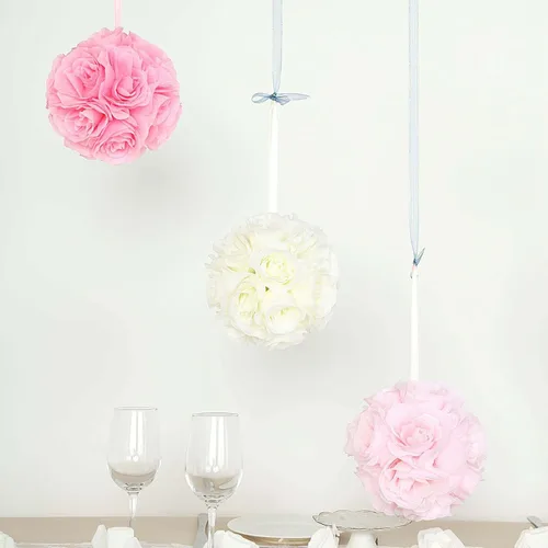 Miniatura 8 de Efavormart - Paquete de 2 bolas de flores artificiales de seda de 7 pulgadas, bola de besos con cinta colgante para pasillo de boda y centros