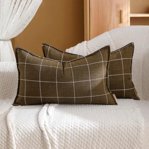 Miniatura 10 de Juego de 2 fundas de almohada de lino a cuadros blancos y negros de estilo bohemio, 16 x 16 pulgadas, color negro