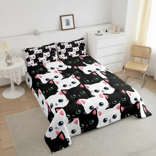 Miniatura 4 de Feelyou Juego de edredón para niños, diseño de gatos de dibujos animados, tamaño twin, lindo juego de ropa de cama de gatitos para adolescentes