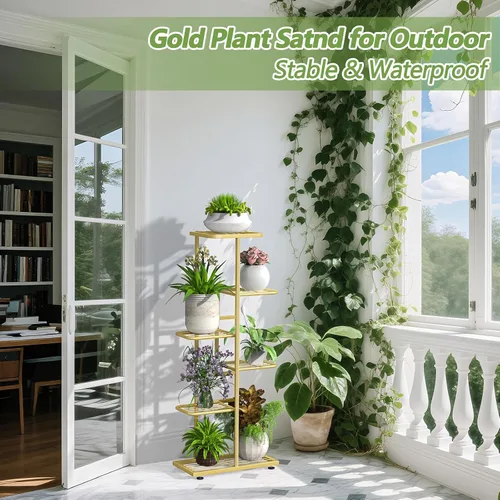 Miniatura 4 de Soporte para plantas de 6 niveles dorado para interiores y exteriores, estante de metal para esquinas actualizado para múltiples plantas