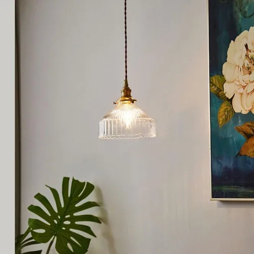 Miniatura 2 de Lámpara colgante de cristal acanalado transparente vintage industrial, acabado de latón E27, lámpara colgante retro ajustable para isla de cocina