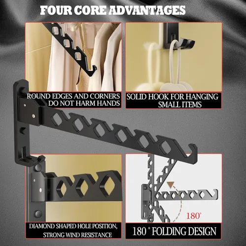 Miniatura 5 de Dr.DJ Soporte para colgar abrigos de pared, organizador de secado de ropa negra, ganchos de aluminio, retráctiles, plegables, para interiores