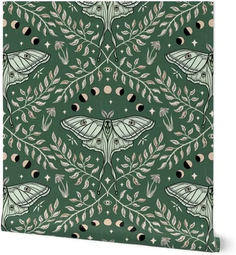 Spoonflower Papel tapiz autoadhesivo de 12 x 2 pies – Polillas Damasco Luna Verde Oliva Hojas Grandes Celestial Papel tapiz extraíble personalizado