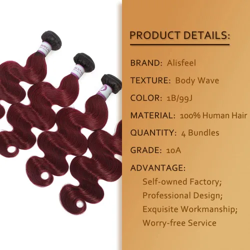 Miniatura 2 de 4 paquetes de cabello humano ondulado brasileño degradado borgoña T1B/99J, paquetes de cabello humano ondulado y húmedo para mujeres negras