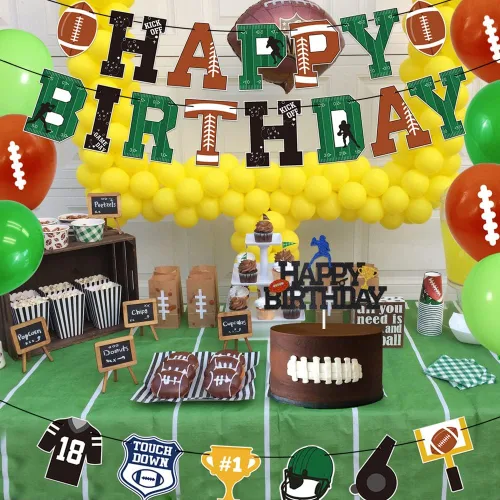 Miniatura 6 de Paquete de decoraciones de cumpleaños de fútbol Pancartas de feliz cumpleaños preencordadas, decoración de pastel sin bricolaje, globos