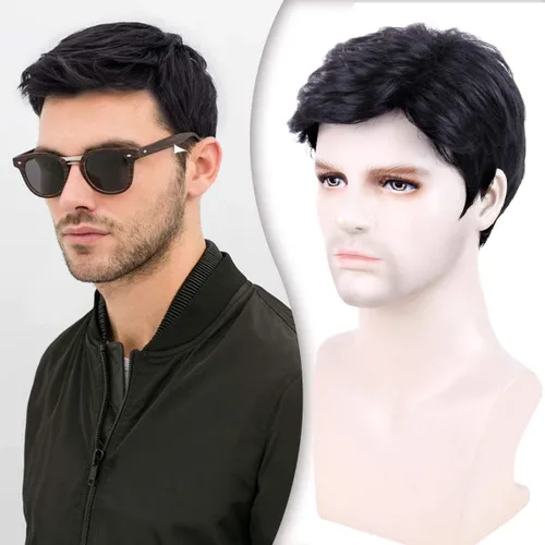 Miniatura 23 de Creamily Peluca corta marrón para hombre, pelucas rizadas en capas, naturales, esponjosas, sintéticas, resistentes al calor, disfraz de Halloween