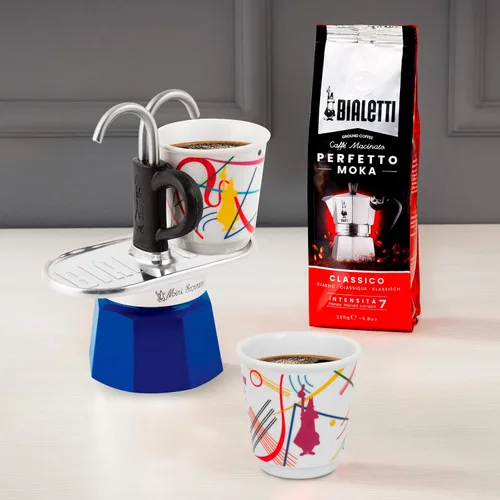 Miniatura 2 de Bialetti - Mini Express Kandinsky: El juego Moka incluye cafetera 2 tazas (2.8 Oz) + 2 vasos de chupito, azul claro, aluminio