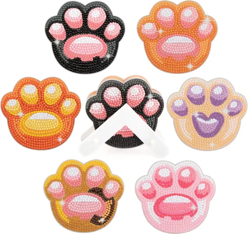 MVVMTOP 6 posavasos de pintura de diamantes con soporte dimensional, formas especiales de bricolaje con forma especial de pata de gato, kits de arte