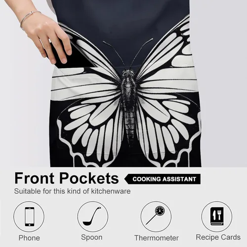 Miniatura 5 de MUSM A Black And White Butterfly Apron，Classic Vintage Funny with Pockets Aprons,Adjustable Bib Waterdrop Resistant for Kitchen Cooking Restaurant