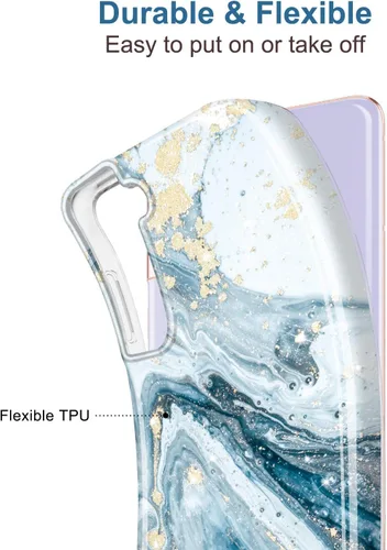 Miniatura 5 de Galaxy S21 - Funda para Samsung Galaxy S21 5G de 6.2 pulgadas 2021, diseño de mármol con purpurina dorada, delgada, a prueba de golpes, de goma Azul