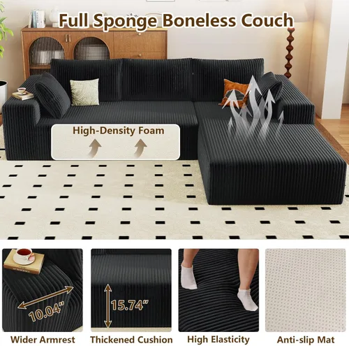 Miniatura 4 de Sofá seccional modular de 96", sofá en forma de L tipo nube sin estructura con chaise lounge, tapizado de pana con asiento profundo de espuma Negro