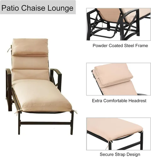 Miniatura 4 de LOKATSE HOME - Silla reclinable con cojín y almohada suave para piscina, cubierta, patio, color caqui