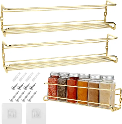 Paquete de 2 estantes de especias autoadhesivos para nevera, refrigerador, refrigerador, organizador de especias de metal para ahorrar espacio,
